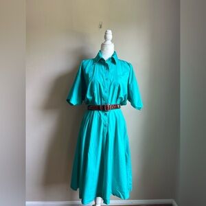 Norma Kamali Vintage 80s Shirt Dress blue Green teal, size 8